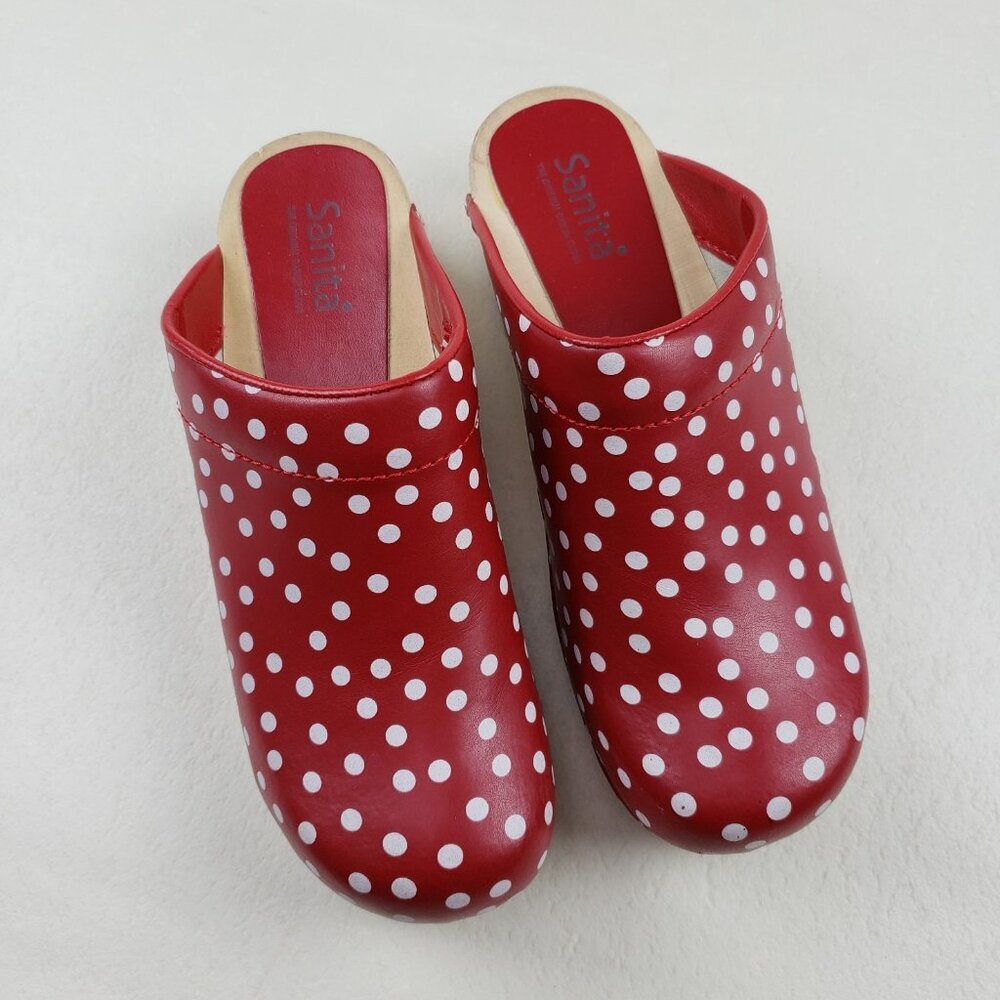 Sanita Fenja Polka Dot Clog Womens US 7 EU 38 Red Leather Slip On Wooden Shoe - Picture 3 of 16